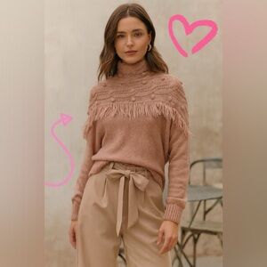Rachel Zoe Blush Fringed Wool Turtleneck Sweater